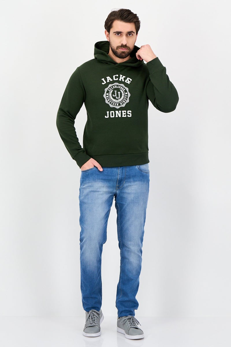 JACK & JONES Men Brand Logo Long Sleeve Hoodie, Olive Green - Image 4